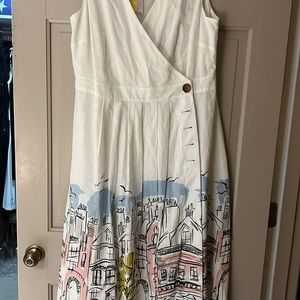 Boden Ivory Street Scene Arwen Midi Wrap Dress Plus Size 14 Linen Cotton Casual